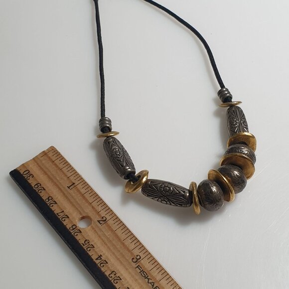 Handcrafted Leather Cord Necklace Rustic Brass Silver Tone Beads Lobster Clasp T - Picture 3 of 4